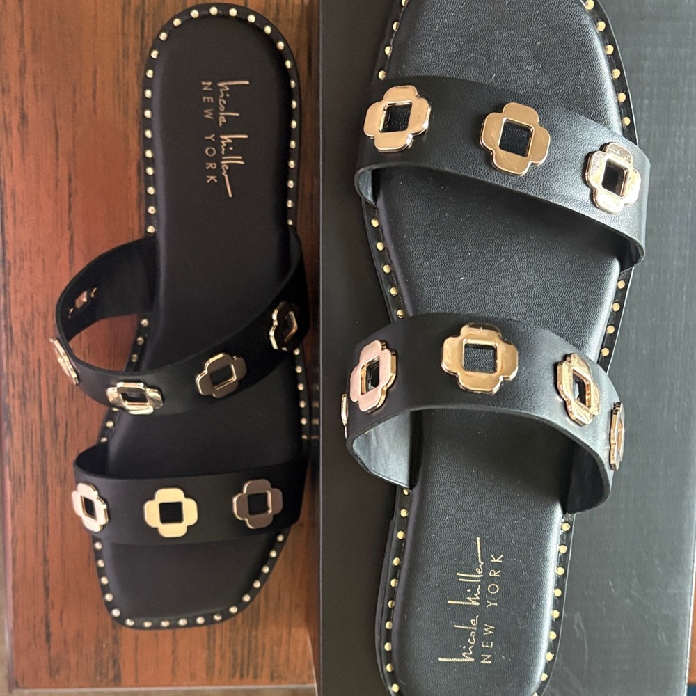 Nicole Miller Black Sandals with Gold Details